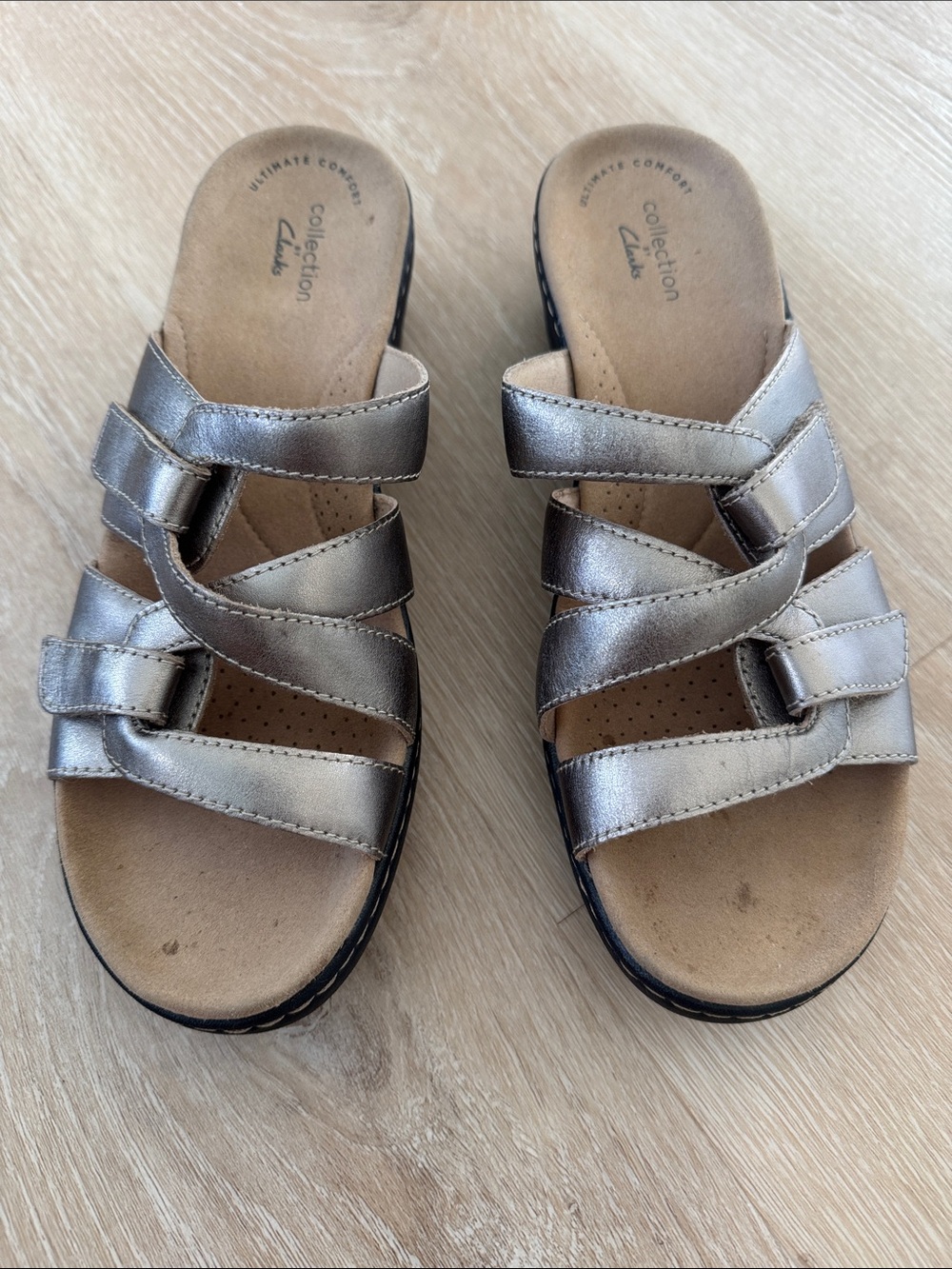 Clarks Metallic Pewter Women’s Strappy Slide Sandals